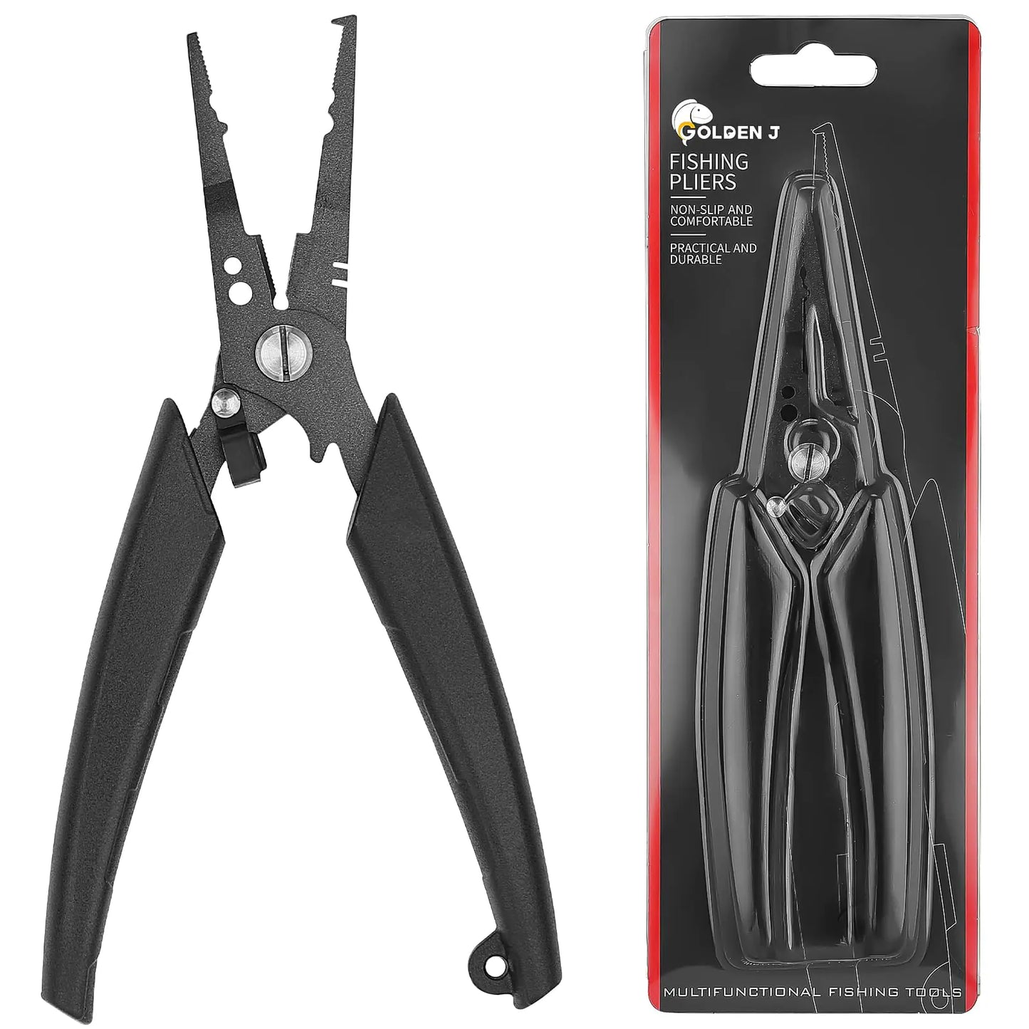 Golden J Teflon Fishing Pliers Multi-Function Hook Remover-Split Ring Pliers PE/Braided Line Cutter Saltwater Resistant Fishing Gear for Ice Fishing Surf Fishing Ideal for Anglers