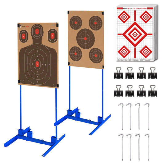 Atflbox Shooting Target Stand with 10pcs 17x25 Inch Sight in Paper Targets Durable Paper Target Holder with Stable Adjustable Base for Cardboard Silhouette H Shape IPSC IDPA Practice (2 Pack)