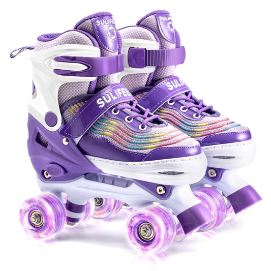SULIFEEL Roller Skates for Girls with Light up Wheels 4 Sizes Adjustable Skates for Kids Purple Roller Skates for Toddler