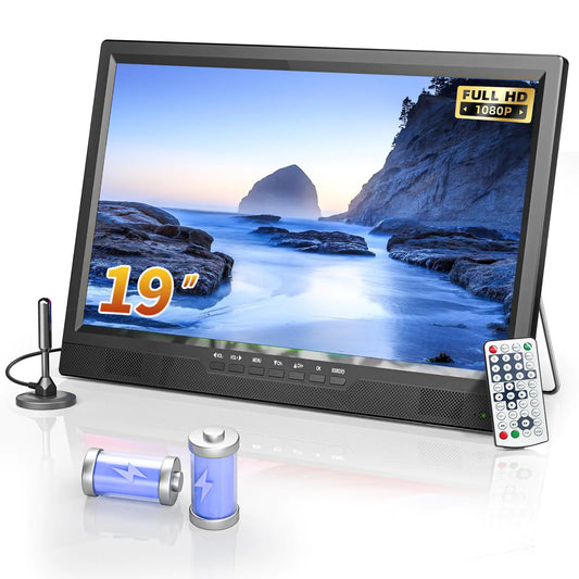 Desobry 19.1" Portable TV for Camping 8000mAh Battery TV Portable for Power Outages Adjustable Stand 1080P HDMI Input AV Input USB Small TV for Kitchen Bedroom Camping Patio RV