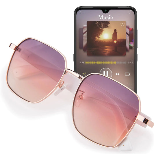 TZLQAYS Smart Glasses Polarized Sunglasses with Bluetooth Speaker | Voice Assistant | Open Ear Sport Music Glasses 8Hr Playtime Outdoor UV Protectio for Men/Women (Gradient Color-Pink)