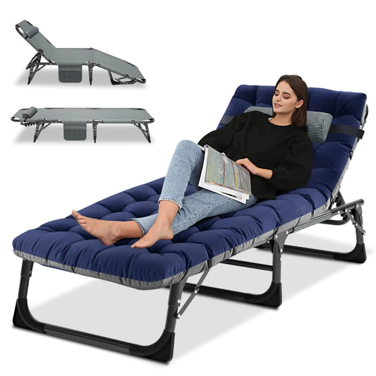 LILYPELLE Portable Folding Camping Cot Adjustable 4-Position Adults Reclining Folding Chaise with Pillow Outdoor Portable Folding Lounge Chair Sleeping Cots Bed for Camping Pool Beach Patio